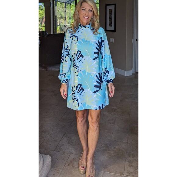 SAIL TO SABLE Blue Palm Tree High Neckline Mock Neck Mini Dress Size 8 - Picture 1 of 15